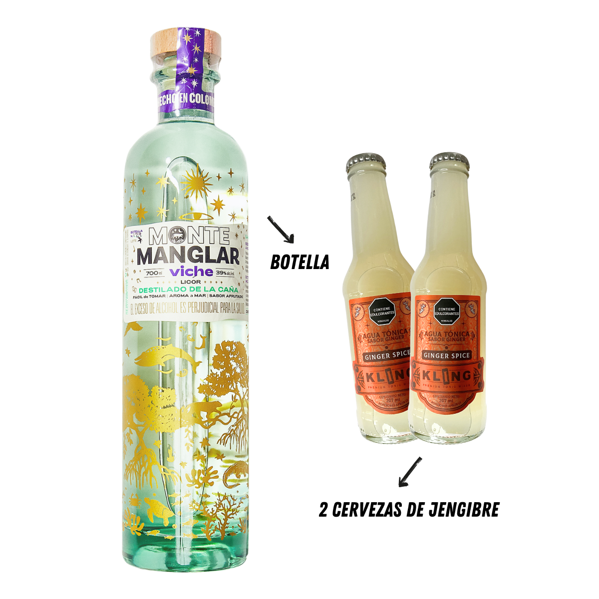 Botella Monte Manglar + 2 Cervezas de Jengibre